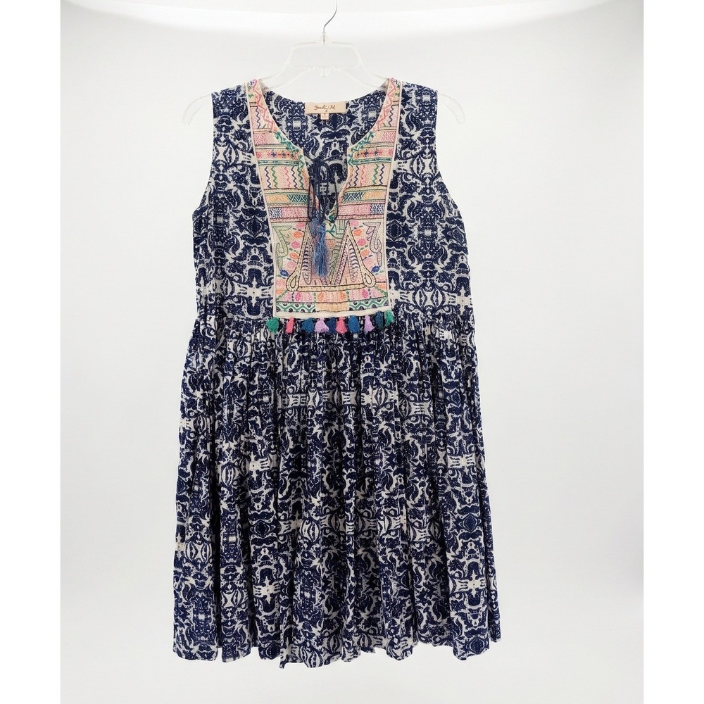 Rene Derhy Blue Damask Embroidered Tassel Dress Medium Cotton Boho Chic